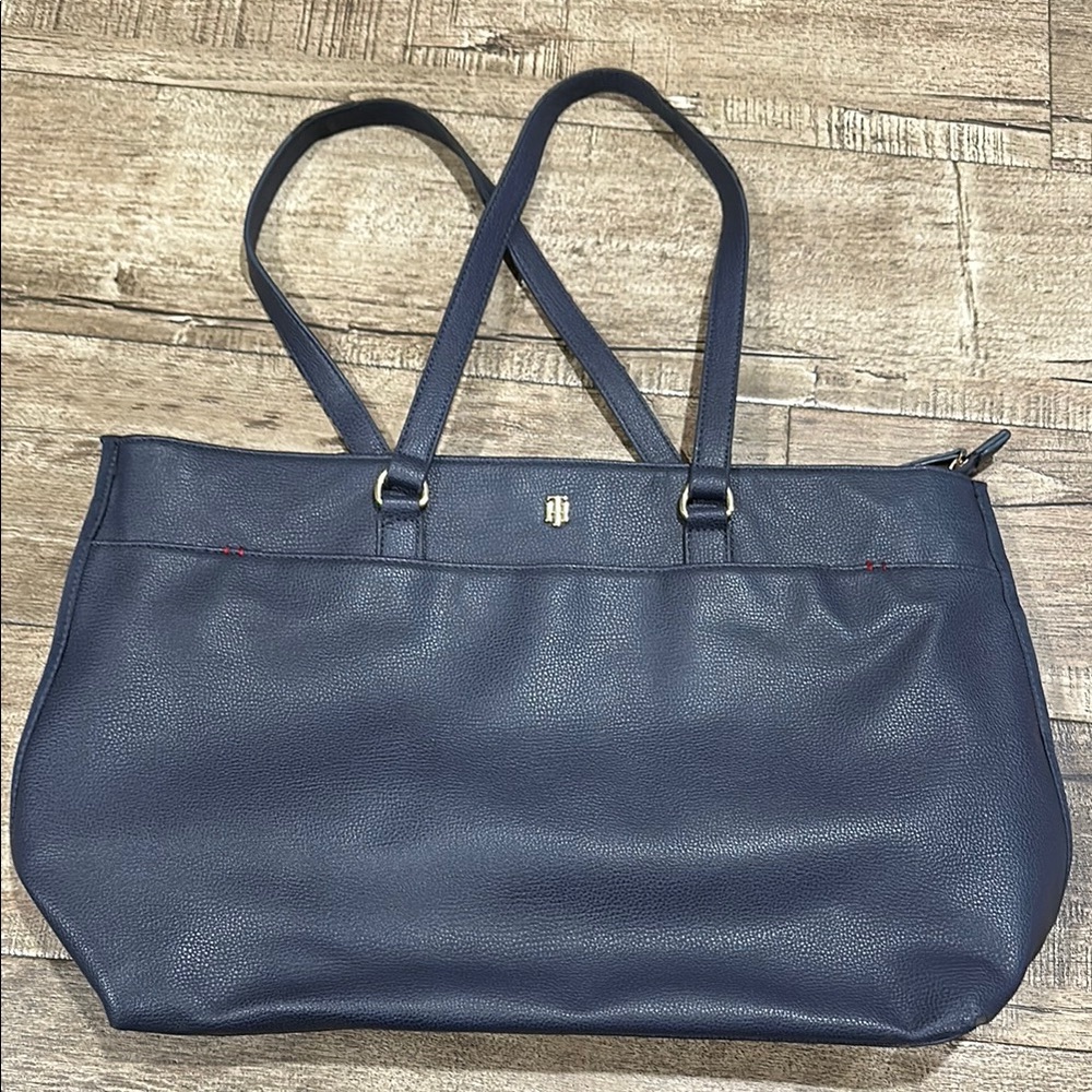 Spacious Navy Blue Leather Tote Bag